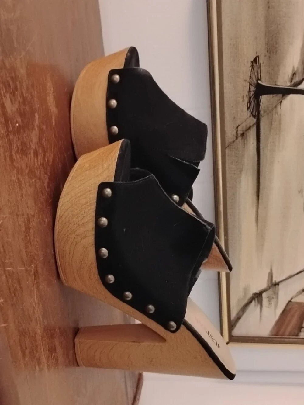 JustFab Black Studded Suede Platform Mules with Wood-Look Heel